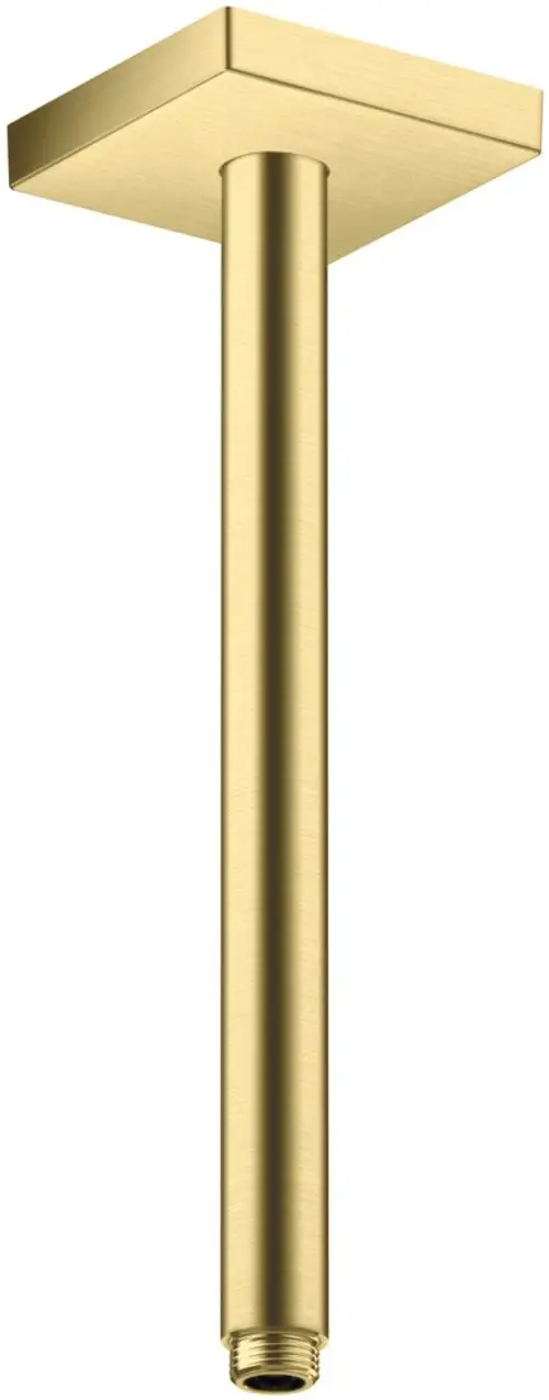 Deckenanschluss in gebürstetem Messing, mit quadratischer Oberseite und gewindeartigem Anschluss. Hersteller ist AXOR.